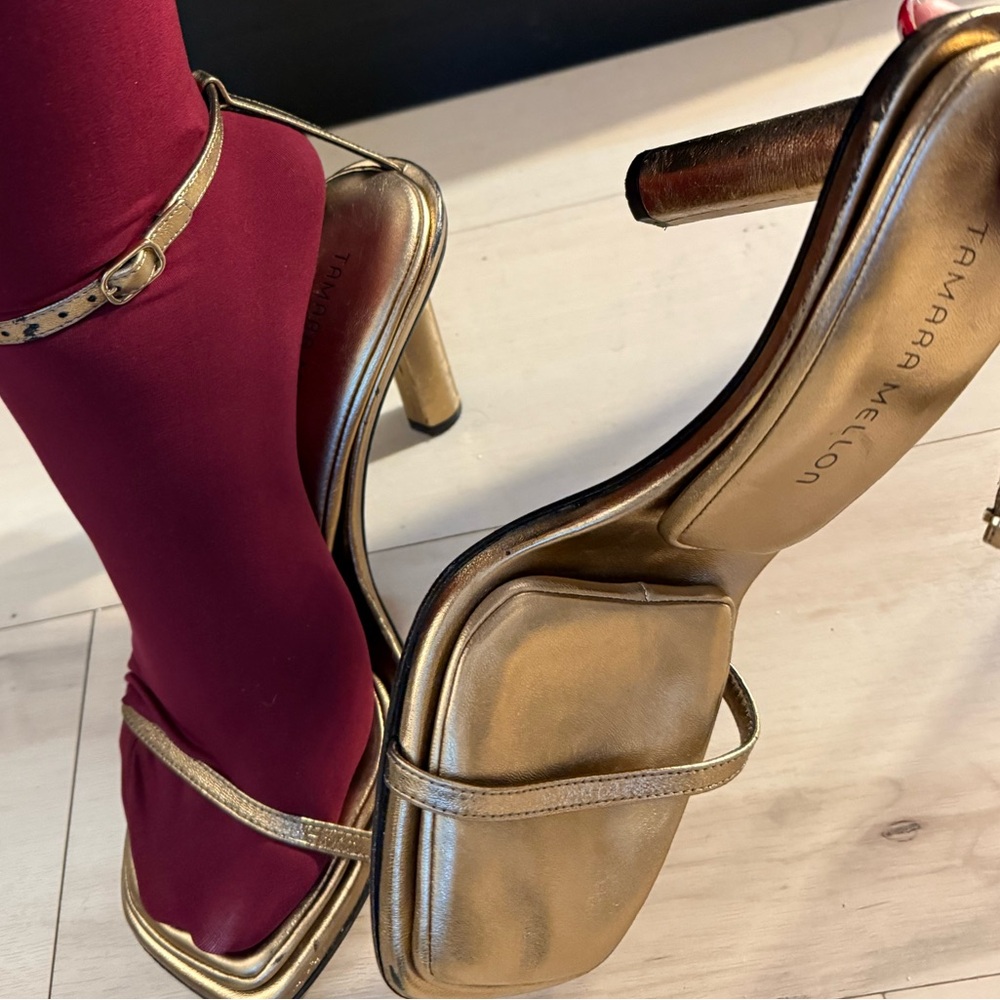 Tamara Mellon Gold Pillow Top Heels Strappy Sandal